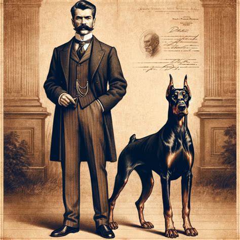 Ilustración histórica de Karl Friedrich Louis Dobermann con un Doberman primitivo