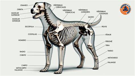 Esqueleto canino de un Doberman con anotaciones de los ángulos de sus extremidades