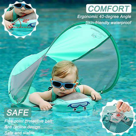 Esquema de un flotador para bebé con toldo: componentes principales como asiento ergonómico, arnés de seguridad, cámaras de aire y sombrilla con protección UV.