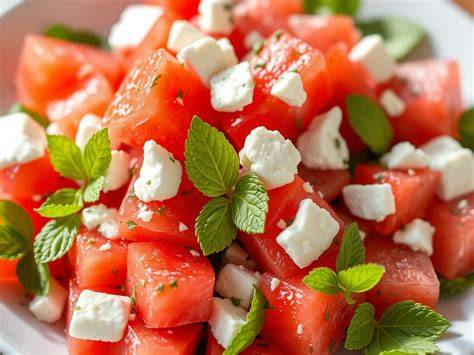 Esquema de ingredientes frescos: melón en cubos, bloques de queso feta, almendras crudas y hierbas aromáticas como menta y perejil.
