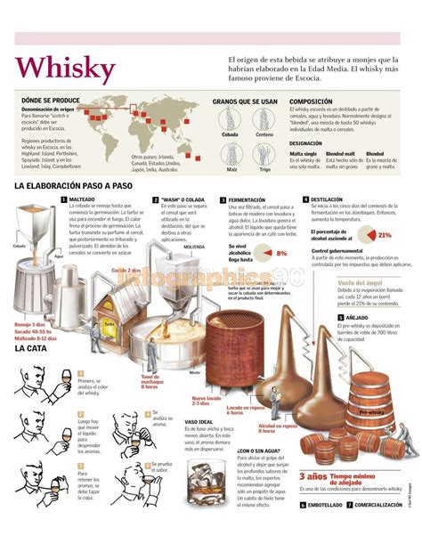 Esquema del proceso de elaboración del whisky, desde los granos hasta el añejamiento en barricas