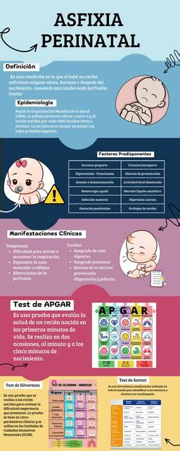 Infografía que resume las causas comunes de asfixia perinatal y sus consecuencias a corto y largo plazo.
