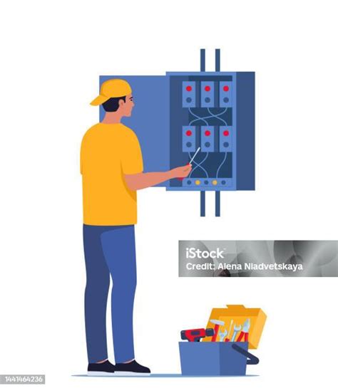 Ilustración de un electricista revisando un cuadro eléctrico