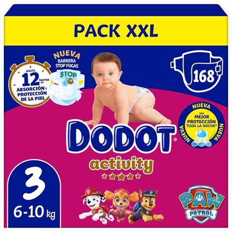 Pañales Dodot Activity Talla 6 con diseño de Patrulla Canina y sus características principales (cintura elástica, barreras antifugas, absorción)