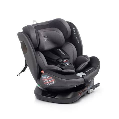 Esquema técnico de una silla de coche con sistema de rotación 360º e instalación Isofix