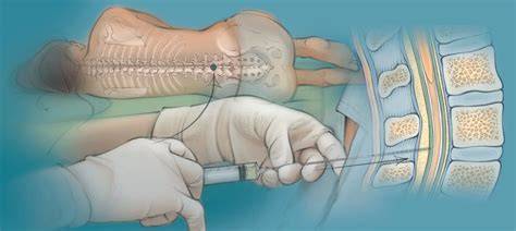Ilustración del procedimiento de punción lumbar para extracción de líquido cefalorraquídeo