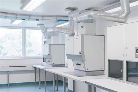 Diagrama de un sistema de ventilación de laboratorio con presión positiva y filtros HEPA