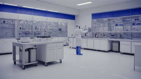 Interior de una sala blanca de laboratorio con superficies de acero inoxidable y cristal