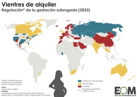 Mapa mundial mostrando los países donde la gestación subrogada es legal, prohibida o permitida bajo ciertas condiciones.