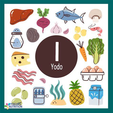 Esquema sobre fuentes alimentarias de yodo y otros nutrientes esenciales en la dieta vegetariana.