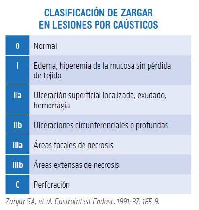 Ilustración de la clasificación de Zargar para evaluar el daño endoscópico en la mucosa esofágica