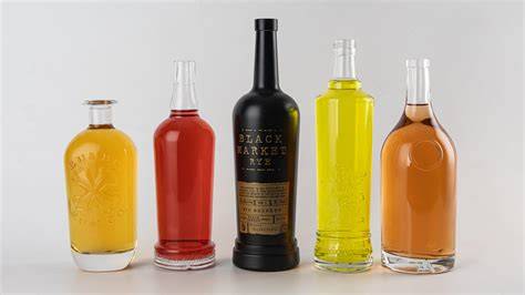 Botellas de ron de diferentes tipos (claro, añejo, oscuro) y proceso de destilación de caña de azúcar.