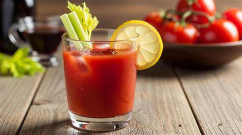 Cóctel Red Snapper con garnish de apio y limón.