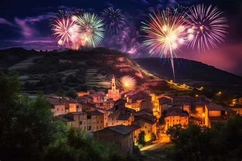 Fuegos artificiales sobre un pueblo festivo