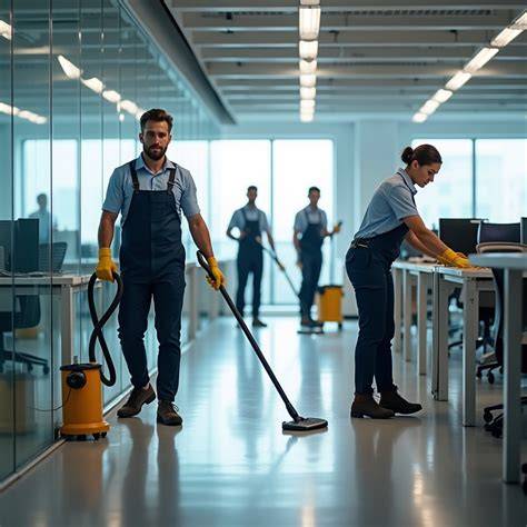 Equipo de profesionales de la limpieza trabajando en una oficina moderna