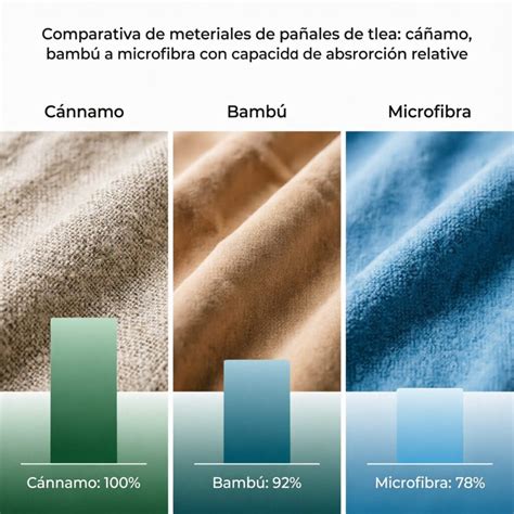 tabla comparativa de materiales: algodón, bambú, cáñamo y microfibra con sus beneficios y tiempos de secado