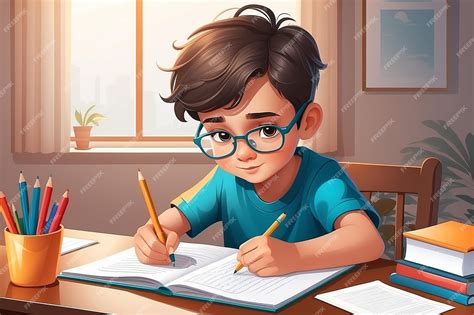 Niño concentrado haciendo la tarea en un escritorio ordenado y bien iluminado, con sus útiles escolares.