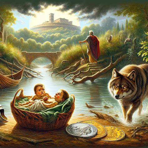 Ilustración del nacimiento y abandono de Rómulo y Remo