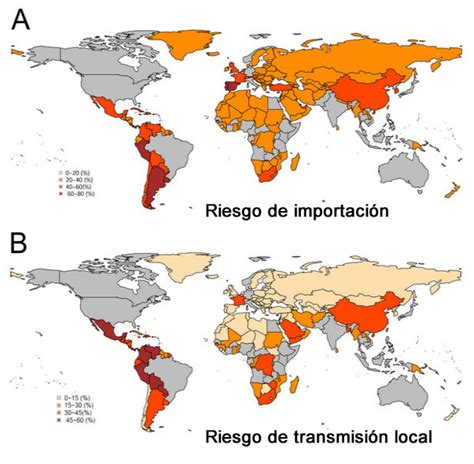 Mapa de las áreas geográficas con riesgo de transmisión del virus Zika