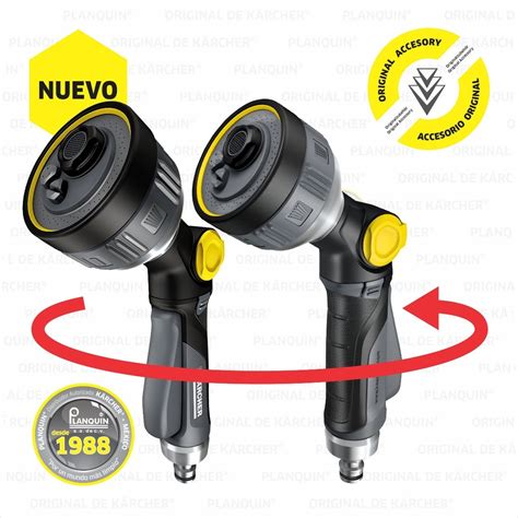 Esquema de una pistola de riego multifunción mostrando sus diferentes patrones de pulverización
