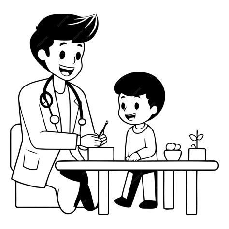 Ilustración de un pediatra interactuando con un niño y sus padres, enfatizando el cuidado integral.